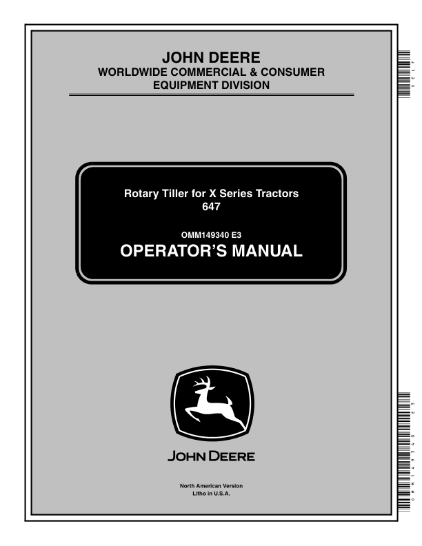 John Deere 647 Rotary Tiller For X475, X485, X575, X585 Series Tractor Operator's Manual (OMM149340)