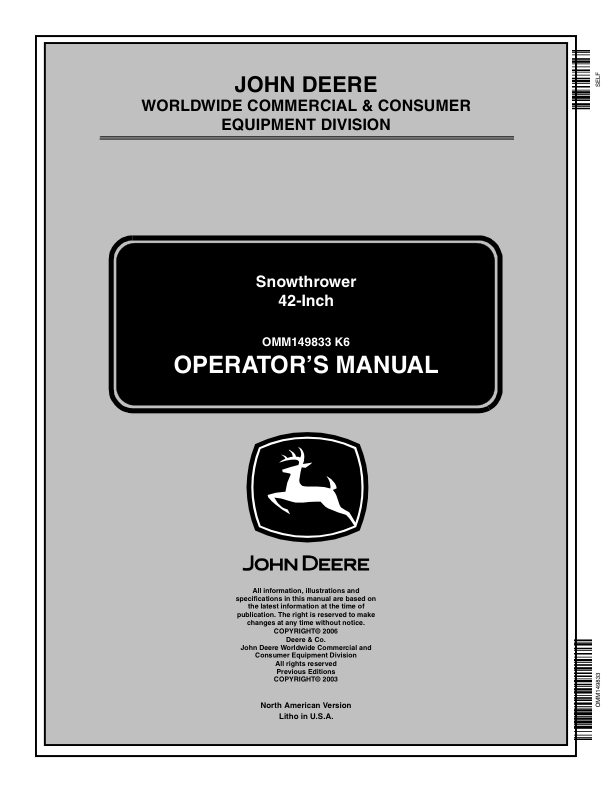 John Deere 42-In Snowthrower (with Foot-Lift) for LX & GT GX255 Lawn & Garden Tractors(010001-) Operator's Manual (OMM149833)