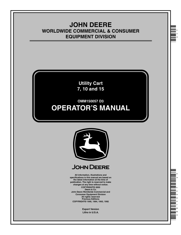 John Deere 7, 10 & 15 Utility Cart Operator's Manual (OMM150057)