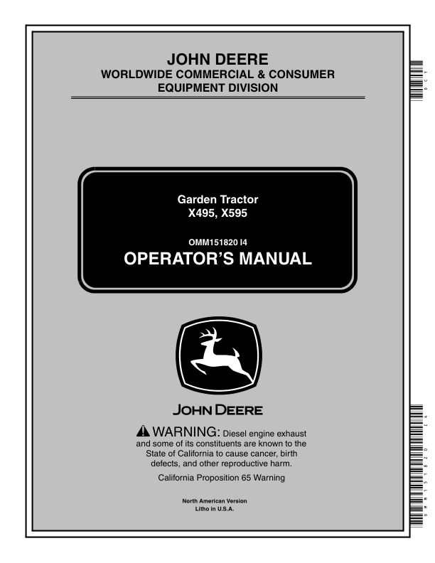 John Deere X495 Lawn & Garden Tractor North America (040000-) Operator's Manual (OMM151820)