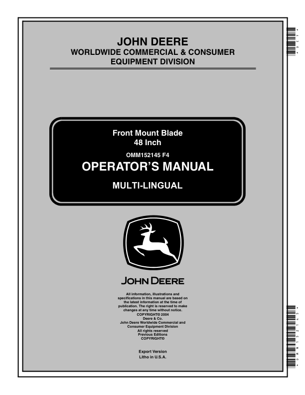 John Deere 48 Inch Front Mount Blade Export Edition (010001- ) Operator's Manual (OMM152145)