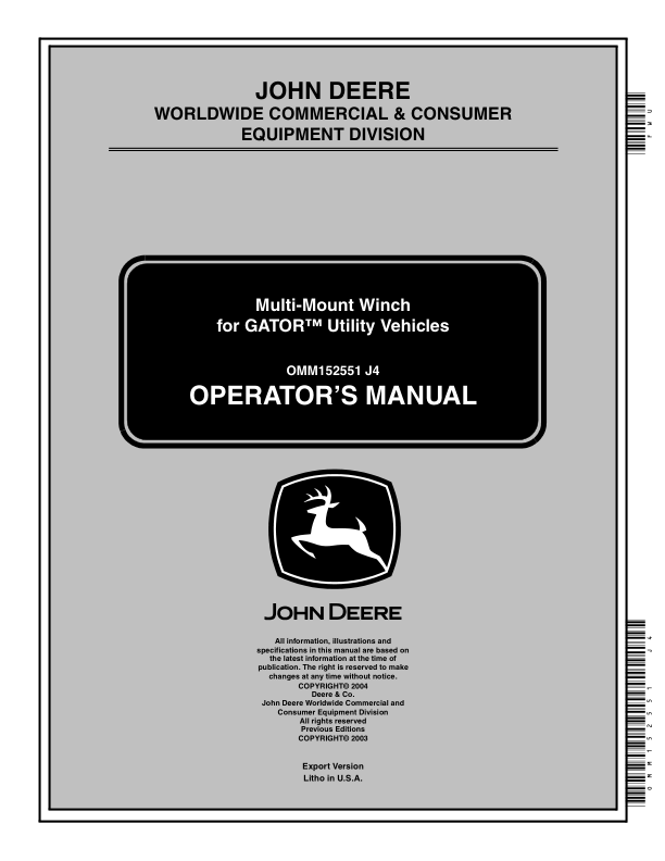 John Deere Multi-Mount Winch Operator's Manual (OMM152551)