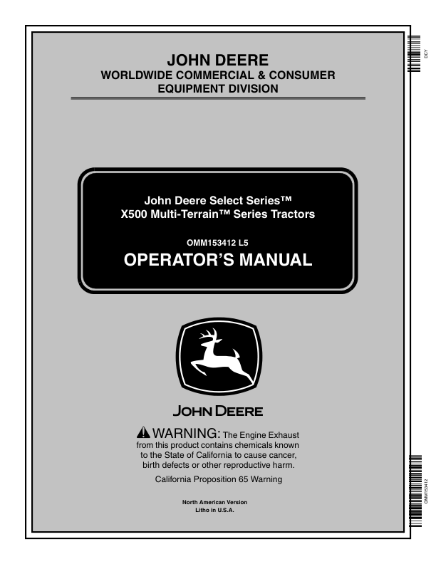 John Deere X500, X520, X534, X540 Multi-Terrain Select Series Tractors North America (010001-020000) Operator's Manual (OMM153412)