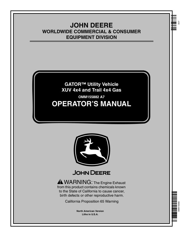 John Deere XUV 4X4 Gas, Trail 4X4 Gas Gator Utiltiy Vheicle (010001-) Operator's Manual (OMM155882)