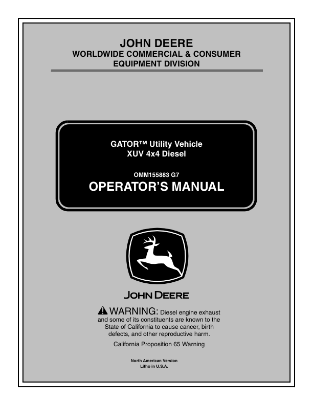 John Deere XUV 4X4 Diesel Gator Utility Vehicle North America (010001-020000) Operator's Manual (OMM155883)