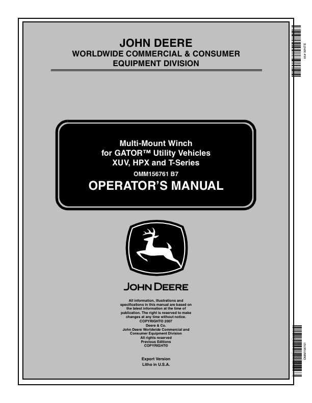 John Deere Multi-Mount Winch for XUV, HPX, T-Series Gator Utility Vehicles Operator's Manual (OMM156761)