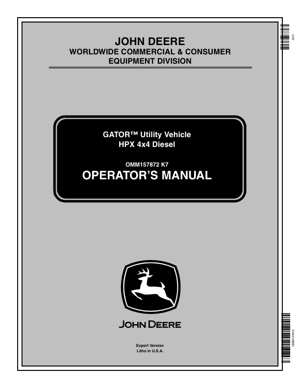 John Deere HPX 4x4 Diesel Gator Utility Vehicle Export Edition (060001-080000) Operator's Manual (OMM157872)