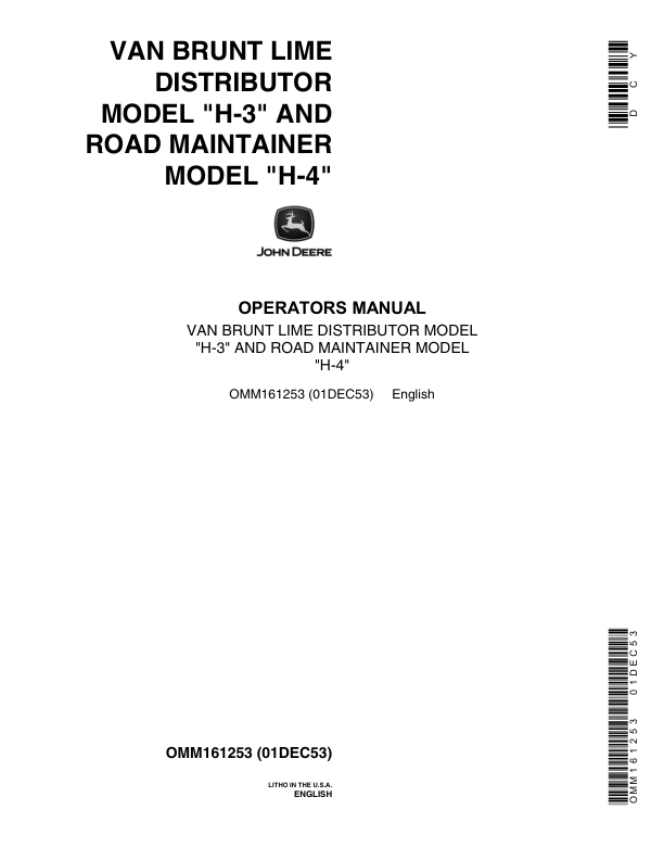 John Deere Van Brunt 'H-3' Lime Distributor, 'H-4' Road Maintainer Models Operator's Manual (OMM161253)