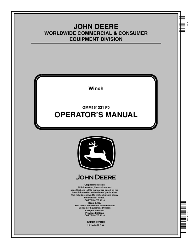 John Deere Multi-Mount Winch for XUV 625i, 825i, 855D Gator Operator's Manual (OMM161331)