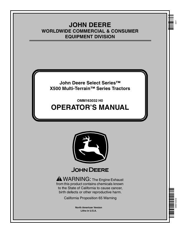 John Deere X500, X520, X534, X540 Multi-Terrain Select Series Tractors North America (060001-070000) Operator's Manual (OMM163032)