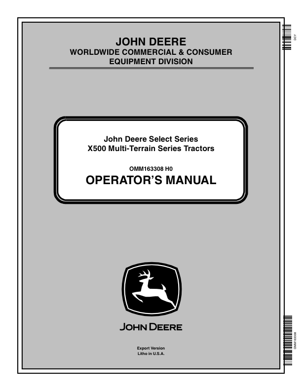 John Deere X534 & X540 Select Series Tractors Export Edition (060001-070000) Operator's Manual (OMM163308)
