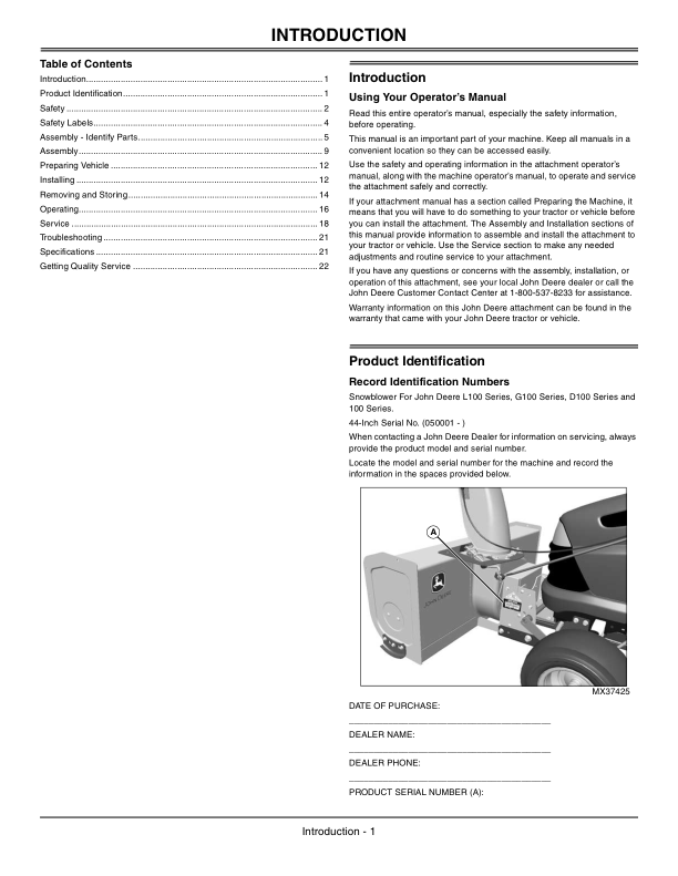 John Deere 44-Inch Snowblowers Compatible w/L100, LA, G100 & 100 Series Tractors North America (050001-080000) Operator's Manual (OMM163342) - Image 2