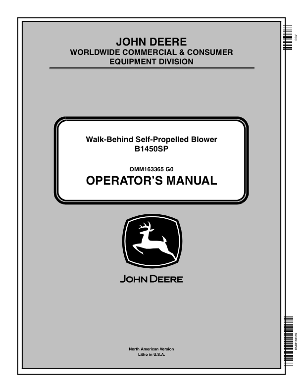 John Deere B1450SP Walk-Behind Self-Propelled Blower (001001-) Operator's Manual (OMM163365)