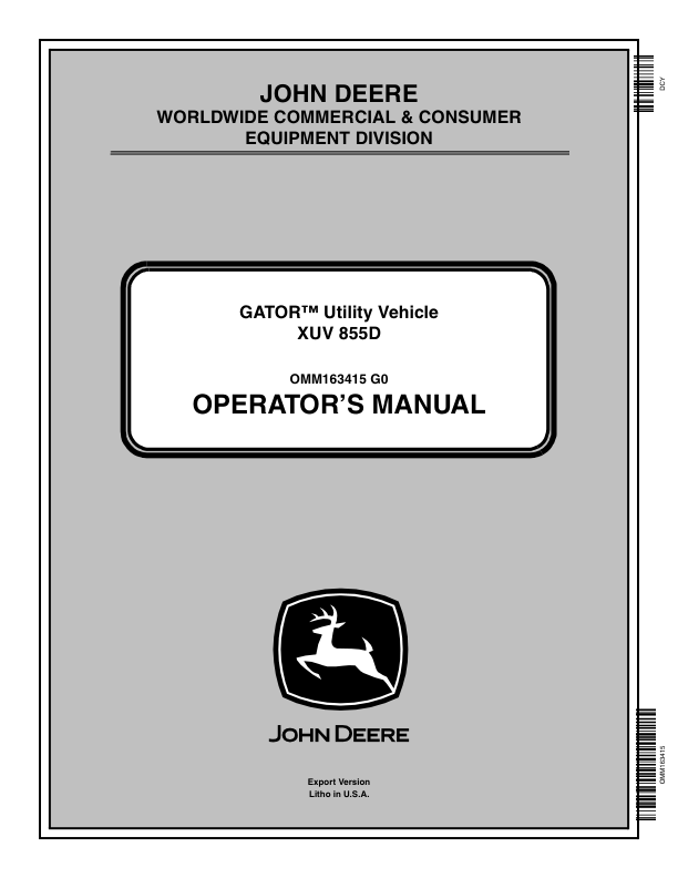 John Deere 855D XUV Gator Export Edition (010001-030000) Operator's Manual (OMM163415)