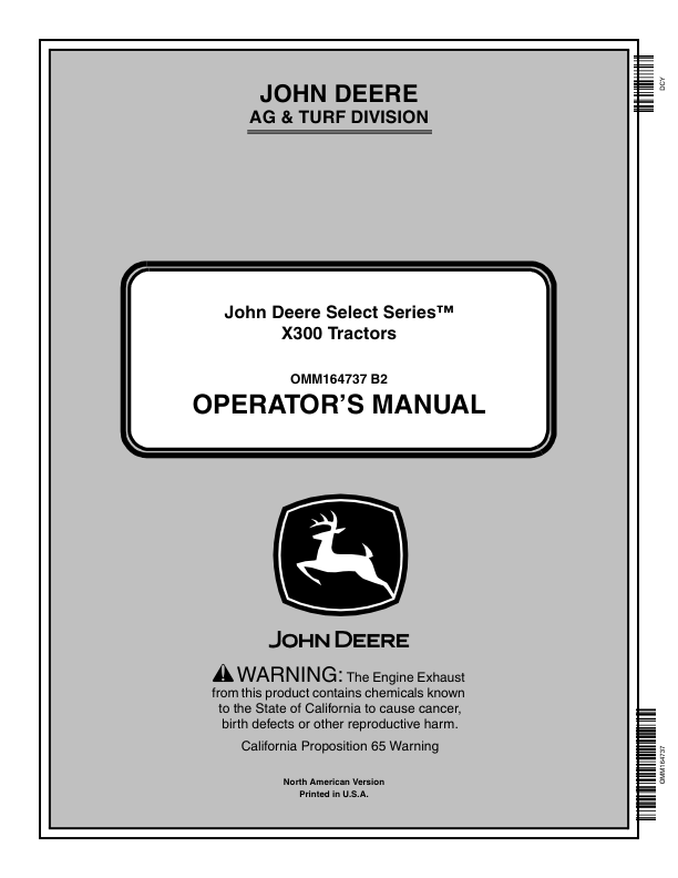 John Deere X300, X304, X320, X324, X340 & X360 Select Series Tractors Americas Edition (220001-250000) Operator's Manual (OMM164737)