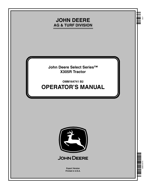 John Deere X305R Select Series Tractor (Export) Operator's Manual (OMM164741)