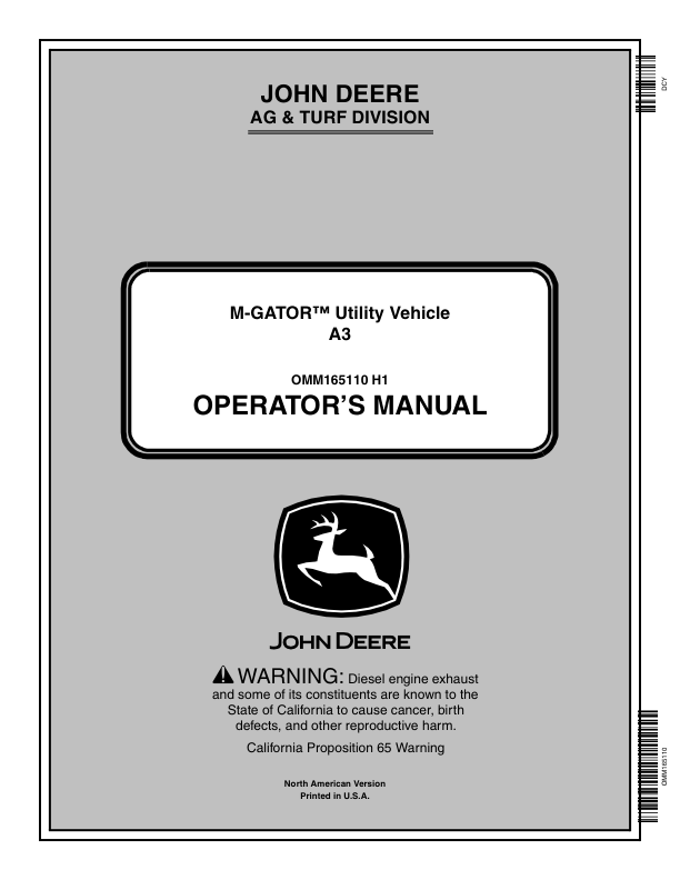 John Deere M-Gator A3 Utility All Terrain Vehicle North America (030001-060000) Operator's Manual (OMM165110)