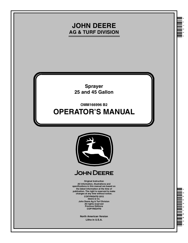 John Deere Sprayer 25, 45 Gallon Operator's Manual (OMM166996)