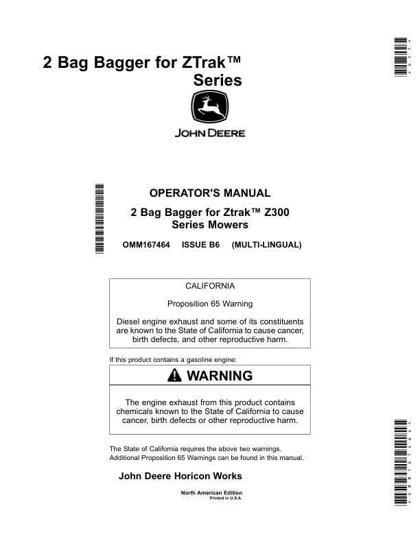 John Deere 2 Bag Bagger for ZTrak Series (North American) Operator's Manual (OMM167464)