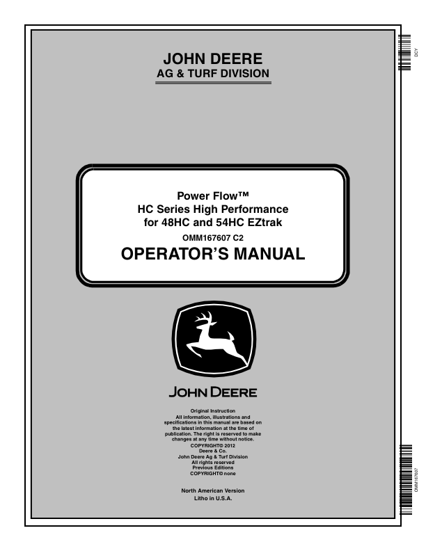 John Deere Power Flow HC Series High Performance for 48HC, 54HC EZtrak (NA) Operator's Manual (OMM167607)