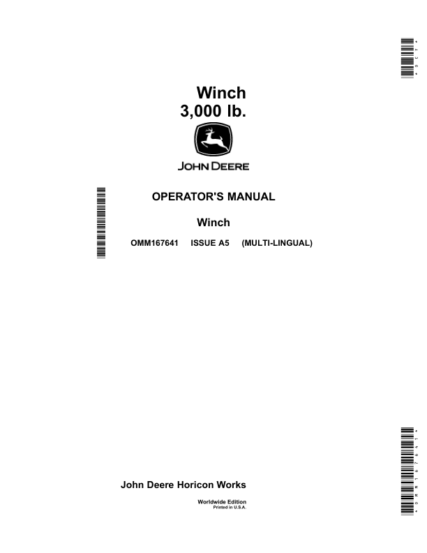 John Deere Winch 3,000 lb. Operator's Manual (OMM167641)