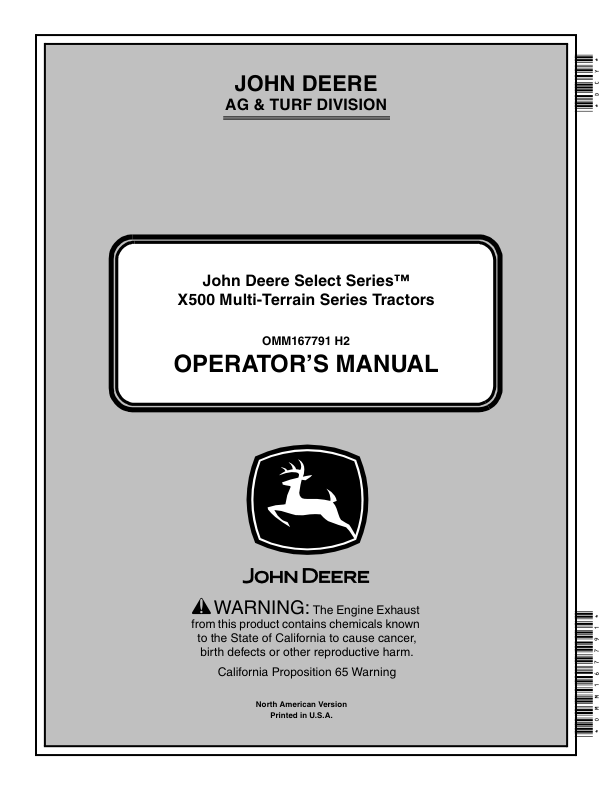 John Deere X500, X520, X534, X540 Multi-Terrain Select Series Tractors North America (080001-090000) Operator's Manual (OMM167791)