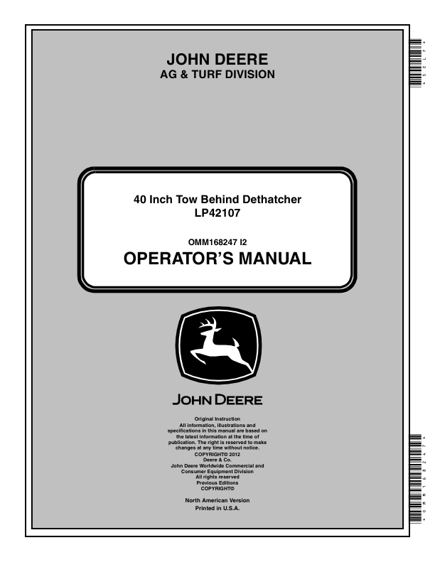 John Deere 40 INCH TOW BEHIND DETHATCHER Operator's Manual (OMM168247)