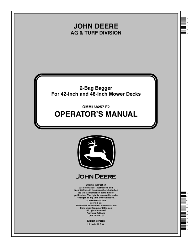 John Deere 2-Bag Bagger For 42-Inch, 48-Inch Mower Decks Operator's Manual (OMM168257)