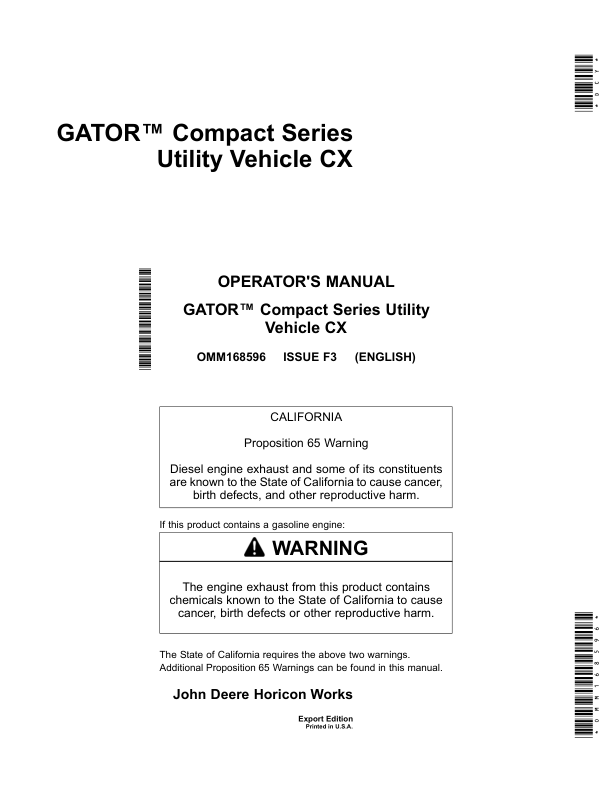 John Deere CX Gator Utility Vehicle Operator's Manual (OMM168596)