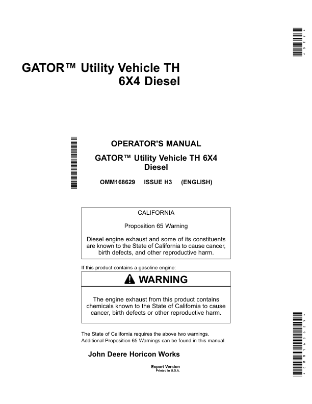John Deere TH 6X4 Gator Utility Vehicle (Diesel) Export Edition (070001-110000) Operator's Manual (OMM168629)