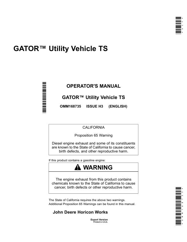 John Deere TS Gator Utility Vehicle (Gas) Export Edition (070001-100000) Operator's Manual (OMM168735)
