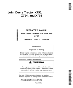 John Deere X750 X754 & X758 Tractors Export Edition (010001-020000) Operator's Manual (OMM169420)