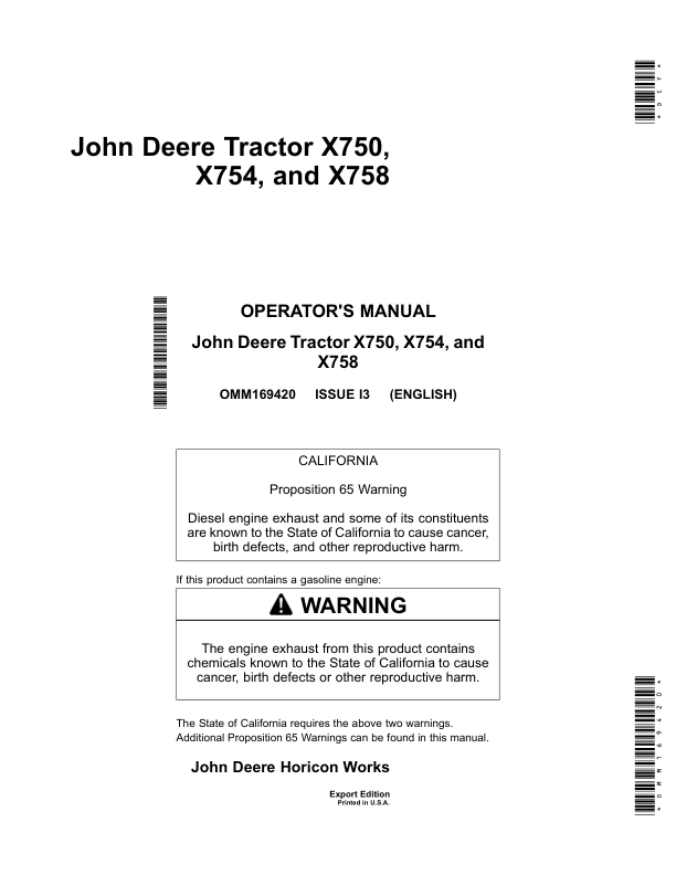 John Deere X750 X754 & X758 Tractors Export Edition (010001-020000) Operator's Manual (OMM169420)