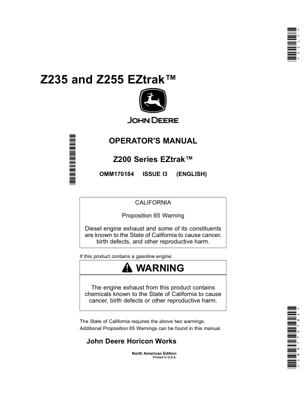John Deere Z235 & Z255 EZtrak Zero-Turn Mower North & South American (150001-170000) Operator's Manual (OMM170184)