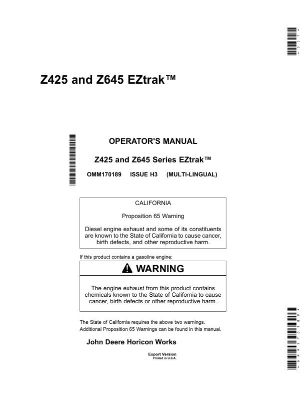 John Deere Z425, Z645 EZtrak (Export Version) Operator's Manual (OMM170189)