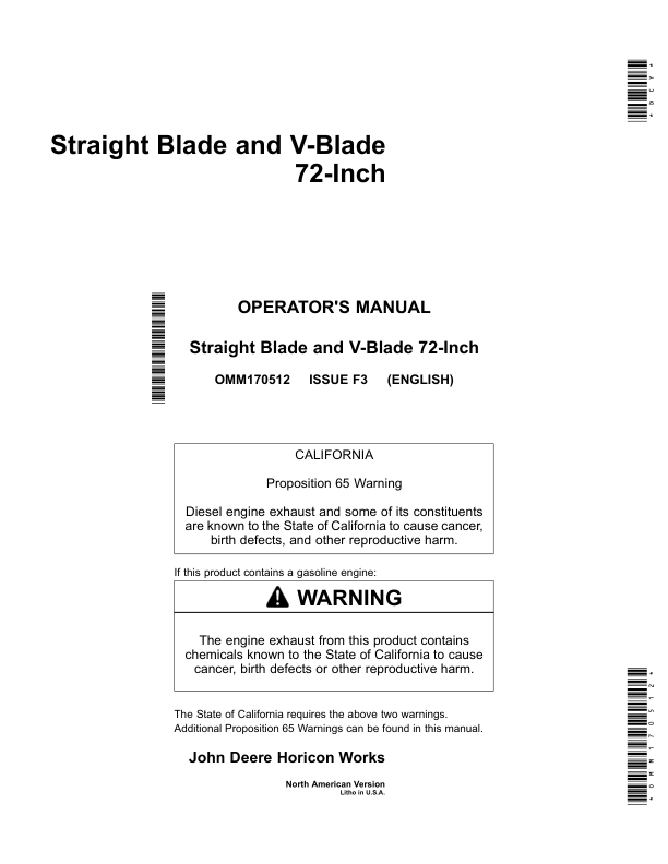 John Deere 72 Inch Front Straight Blade, V-Blade (010001-) Operator's Manual (OMM170512)