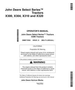 John Deere X300, X304, X310 & X320 Select Series Tractors Export Edition (280001-310000) Operator's Manual (OMM170562)
