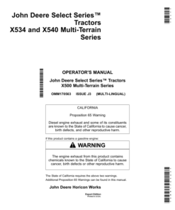 John Deere X534 & X540 Multi-Terrain Select Series Tractors Export Edition (090001-100000) Operator's Manual (OMM170563)