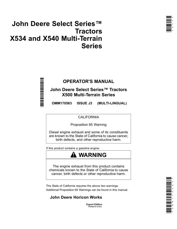 John Deere X534 & X540 Multi-Terrain Select Series Tractors Export Edition (090001-100000) Operator's Manual (OMM170563)