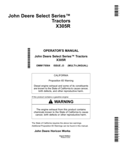 John Deere X305R Select Series Tractors (280001-) Operator's Manual (OMM170564)