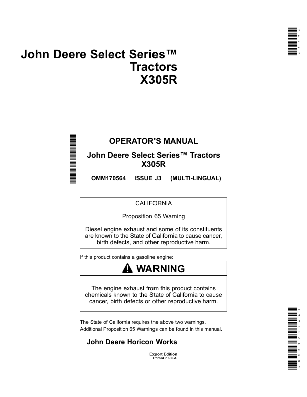 John Deere X305R Select Series Tractors (280001-) Operator's Manual (OMM170564)