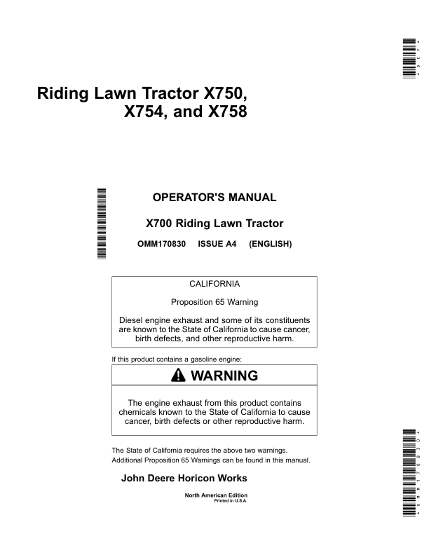 John Deere X750 X754 & X758 Tractors North America (020001-030000) Operator's Manual (OMM170830)