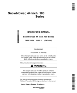 John Deere 44-Inch Snowblowers Compatible w/L100, LA, G100 & 100 Series Tractors North America (080001- ) Operator's Manual (OMM170954)