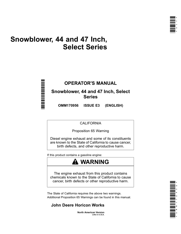 John Deere 44 & 47-Inch Select Series Snowblowers Compatible with X Select Series Tractors North America (080001-) Operator's Manual (OMM170956)