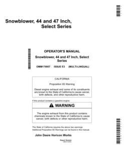 John Deere Snowblower, 44, 47 Inch, Select Series - (Export Version) Operator's Manual (OMM170957)