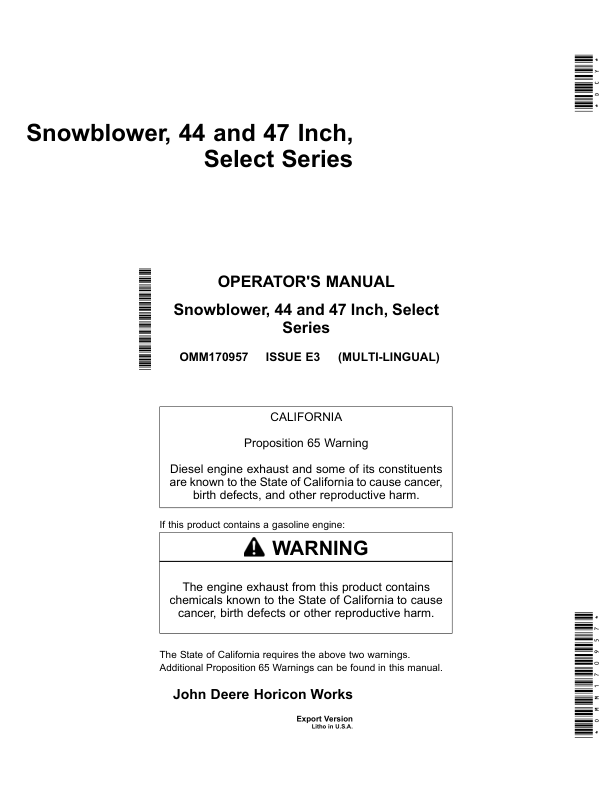 John Deere Snowblower, 44, 47 Inch, Select Series - (Export Version) Operator's Manual (OMM170957)