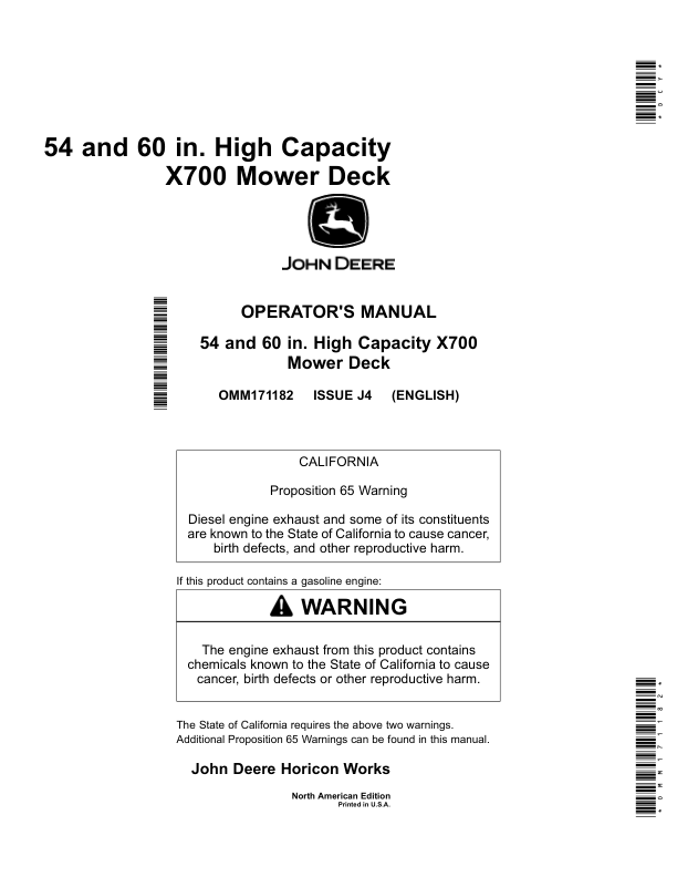 John Deere 54 & 60 In. High Capacity Mower Deck for X700 Series X710, X730, X734, X738 ,X739, Operator's Manual (OMM171182)