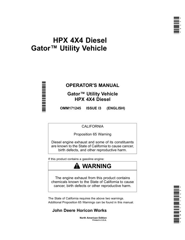 John Deere HPX-4x4 Gator Utility Vehicle Diesel North America (120001-130000) Operator's Manual (OMM171245)