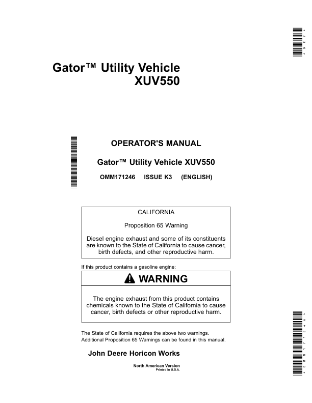 John Deere XUV 550 Gator Utility Vehicle North America (030001-040000) Operator's Manual (OMM171246)