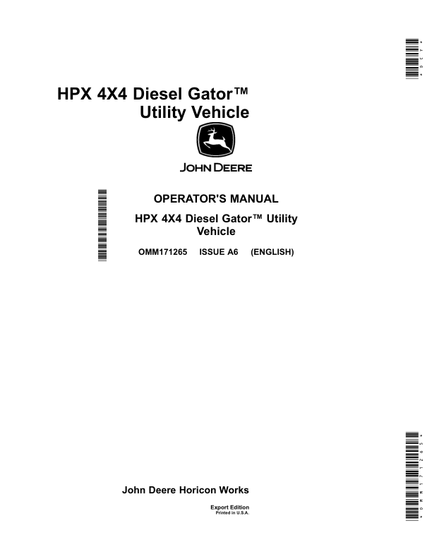 John Deere HPX 4x4 Diesel Gator Utility Vehicle Export Edition (120001-) Operator's Manual (OMM171265)